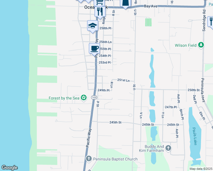 map of restaurants, bars, coffee shops, grocery stores, and more near 1608 250th Place in Ocean Park