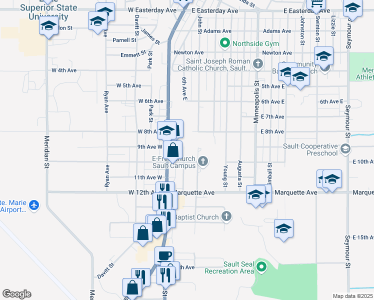 map of restaurants, bars, coffee shops, grocery stores, and more near 1802 Tweed Street in Sault Ste. Marie