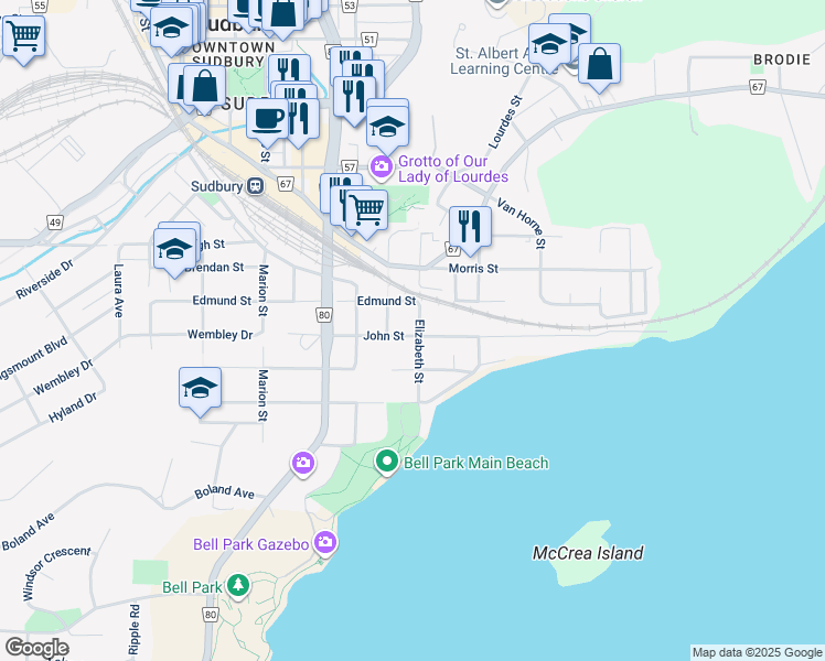 map of restaurants, bars, coffee shops, grocery stores, and more near 280 John Street in Greater Sudbury
