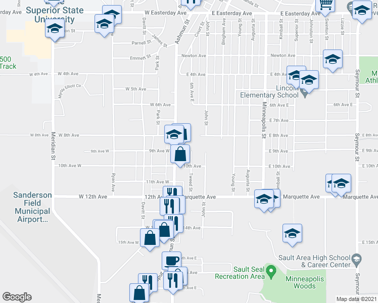 map of restaurants, bars, coffee shops, grocery stores, and more near 1802 Tweed Street in Sault Ste. Marie