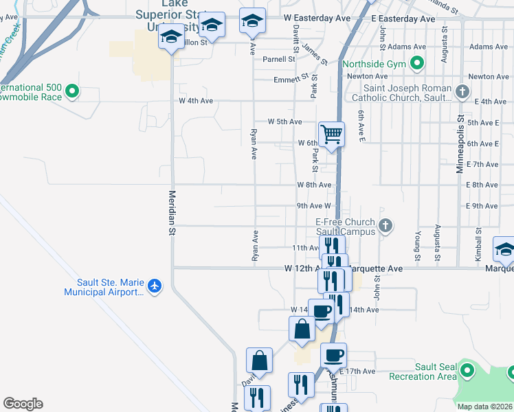 map of restaurants, bars, coffee shops, grocery stores, and more near 299 9th Ave W in Sault Ste. Marie