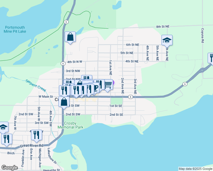 map of restaurants, bars, coffee shops, grocery stores, and more near 19 1st Street Southeast in Crosby