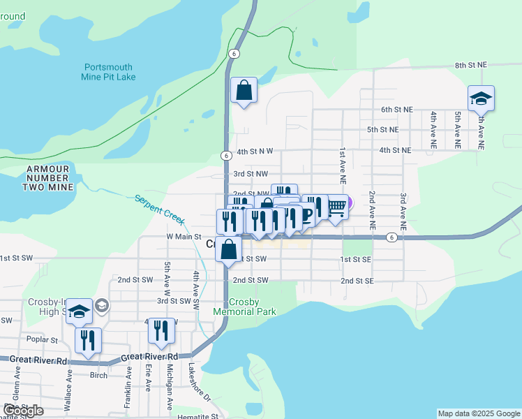 map of restaurants, bars, coffee shops, grocery stores, and more near 123 1st Street Northwest in Crosby