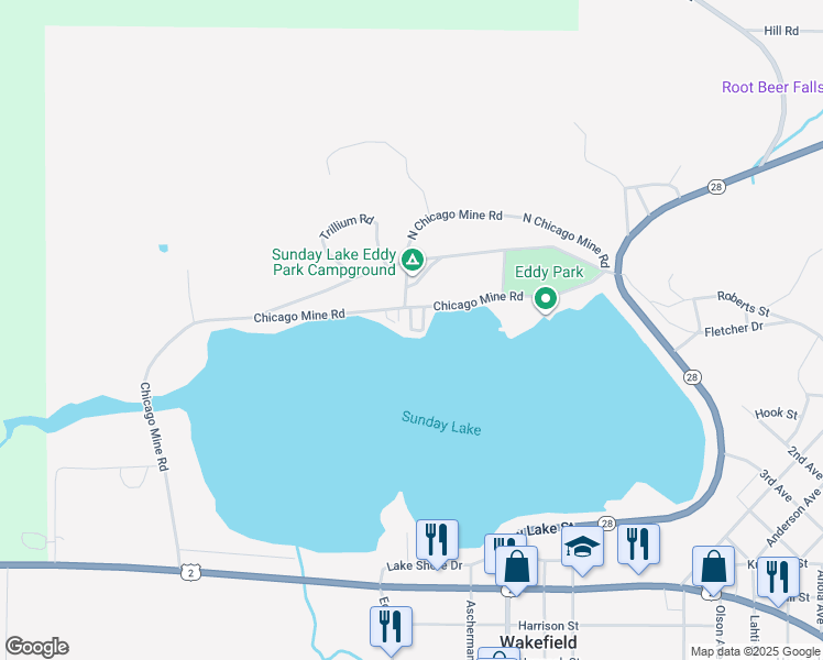 map of restaurants, bars, coffee shops, grocery stores, and more near Chicago Mine Road in Wakefield