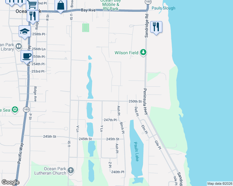 map of restaurants, bars, coffee shops, grocery stores, and more near 25007 Ash Place in Ocean Park