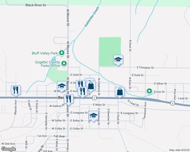 map of restaurants, bars, coffee shops, grocery stores, and more near 301-309 East Gold Street in Bessemer