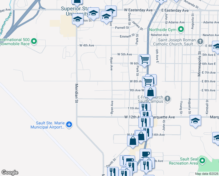 map of restaurants, bars, coffee shops, grocery stores, and more near 231-299 9th Avenue West in Sault Ste. Marie