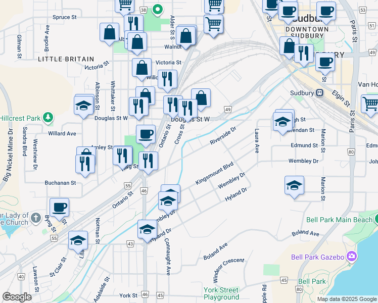 map of restaurants, bars, coffee shops, grocery stores, and more near 276 Riverside Drive in Sudbury