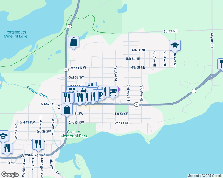 map of restaurants, bars, coffee shops, grocery stores, and more near 19 1st Street Southeast in Crosby