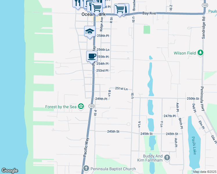 map of restaurants, bars, coffee shops, grocery stores, and more near 1608 250th Place in Ocean Park