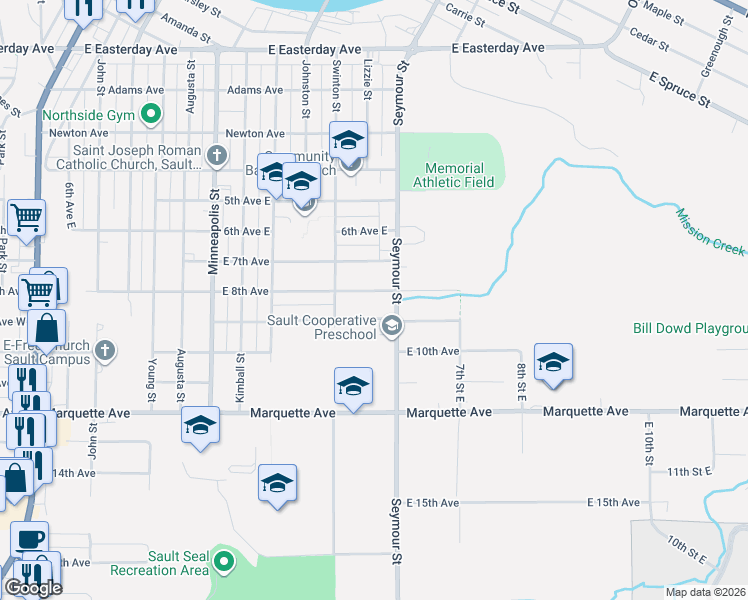 map of restaurants, bars, coffee shops, grocery stores, and more near 1020 East 9th Avenue in Sault Ste. Marie