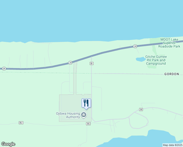 map of restaurants, bars, coffee shops, grocery stores, and more near 122 Kawbawgam Road in Marquette