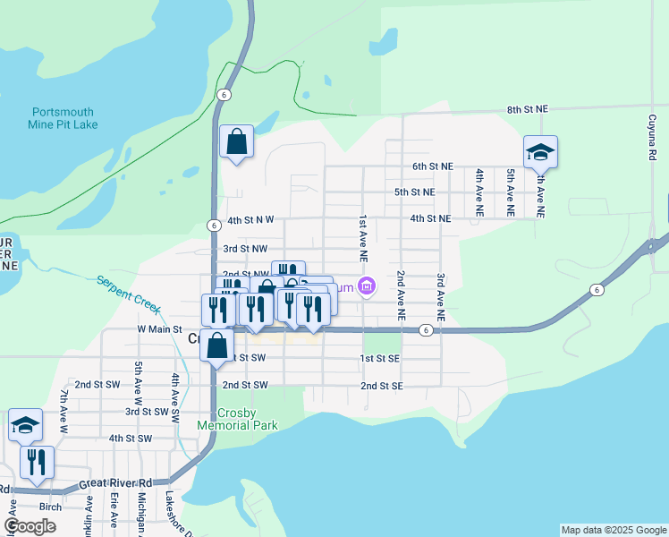 map of restaurants, bars, coffee shops, grocery stores, and more near 204 Cross Avenue North in Crosby
