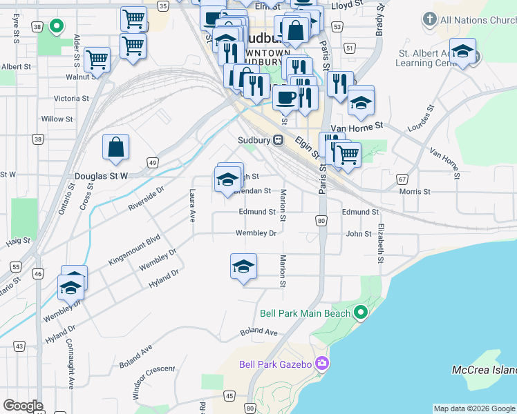 map of restaurants, bars, coffee shops, grocery stores, and more near 84 Edmund Street in Sudbury