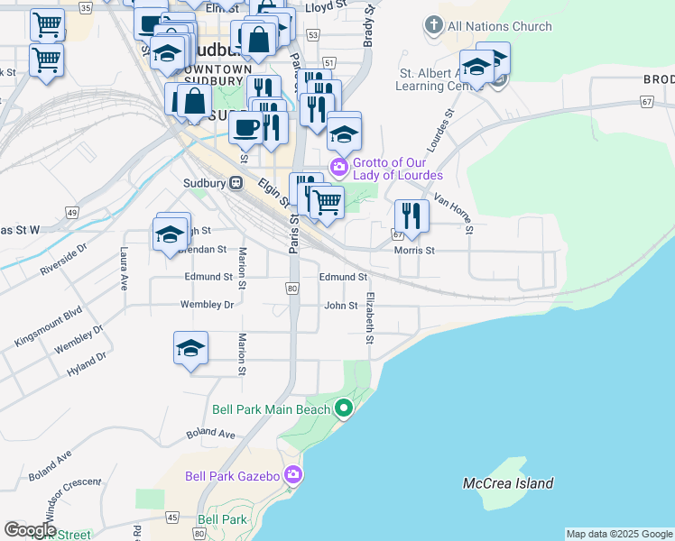 map of restaurants, bars, coffee shops, grocery stores, and more near 262 Edmund Street in Greater Sudbury
