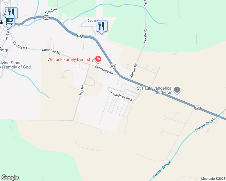 map of restaurants, bars, coffee shops, grocery stores, and more near 308 Washington 505 in Winlock