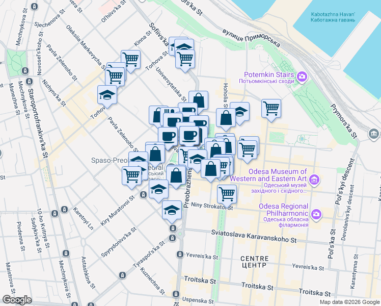 map of restaurants, bars, coffee shops, grocery stores, and more near in Odesa