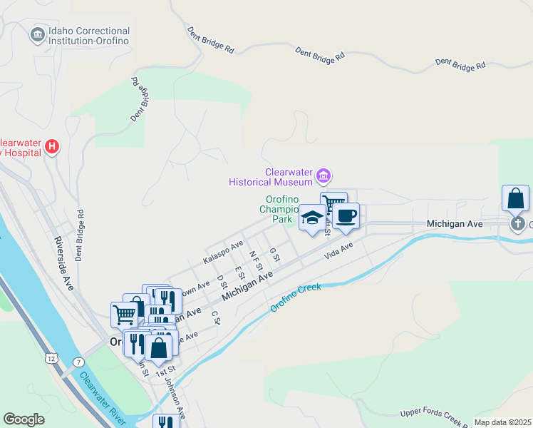 map of restaurants, bars, coffee shops, grocery stores, and more near 908 Walrath Avenue in Orofino