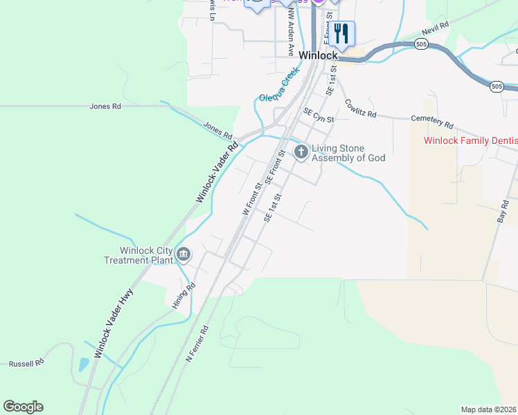 map of restaurants, bars, coffee shops, grocery stores, and more near 916 Southeast Front Street in Winlock
