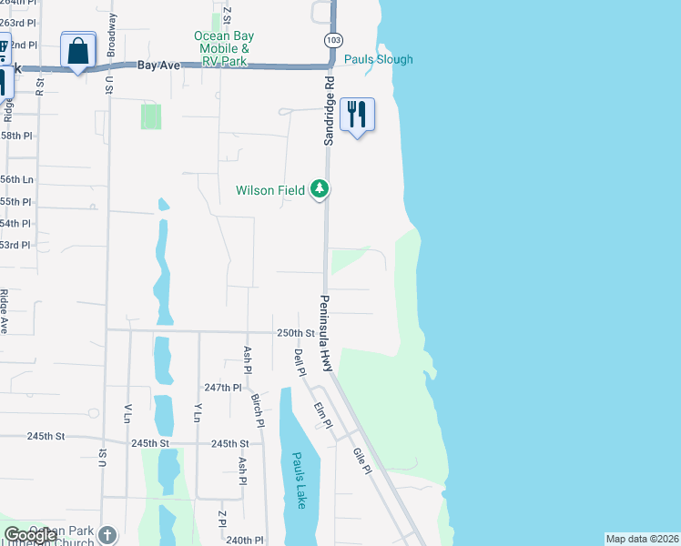 map of restaurants, bars, coffee shops, grocery stores, and more near 25114 Sandridge Road in Ocean Park