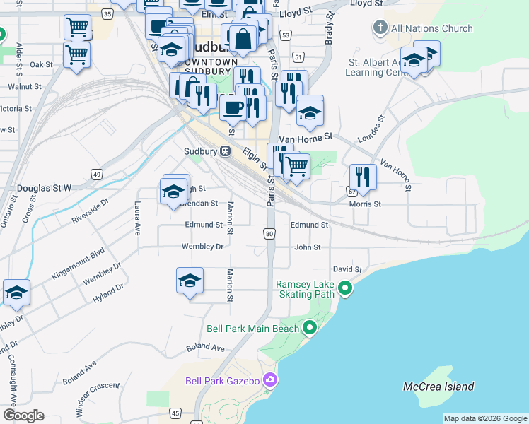 map of restaurants, bars, coffee shops, grocery stores, and more near 187 Worthington Crescent in Sudbury