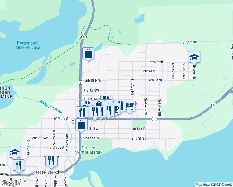 map of restaurants, bars, coffee shops, grocery stores, and more near 204 Cross Avenue North in Crosby
