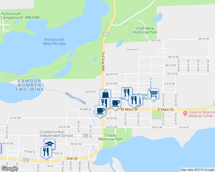 map of restaurants, bars, coffee shops, grocery stores, and more near 218 3rd Street Northwest in Crosby