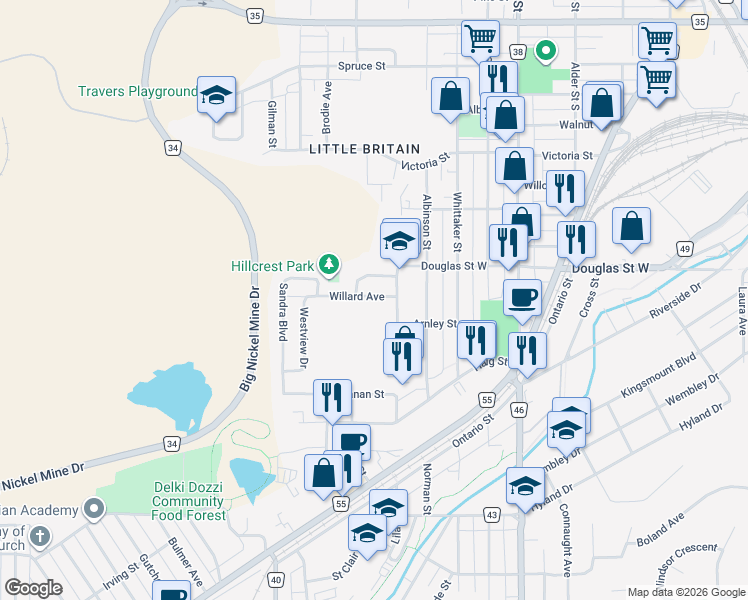 map of restaurants, bars, coffee shops, grocery stores, and more near 497 Willard Avenue in Sudbury