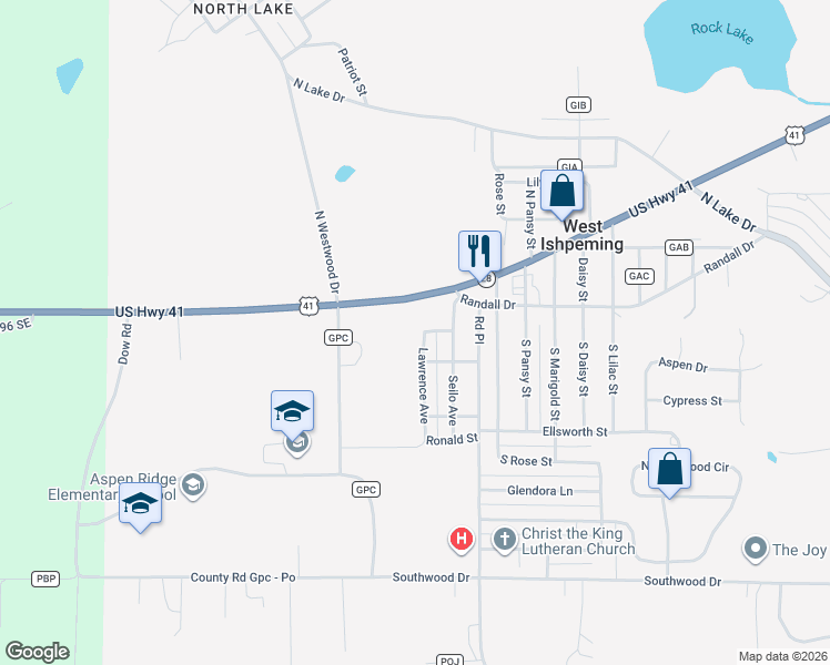 map of restaurants, bars, coffee shops, grocery stores, and more near 121-199 Lawrence Avenue in Ishpeming