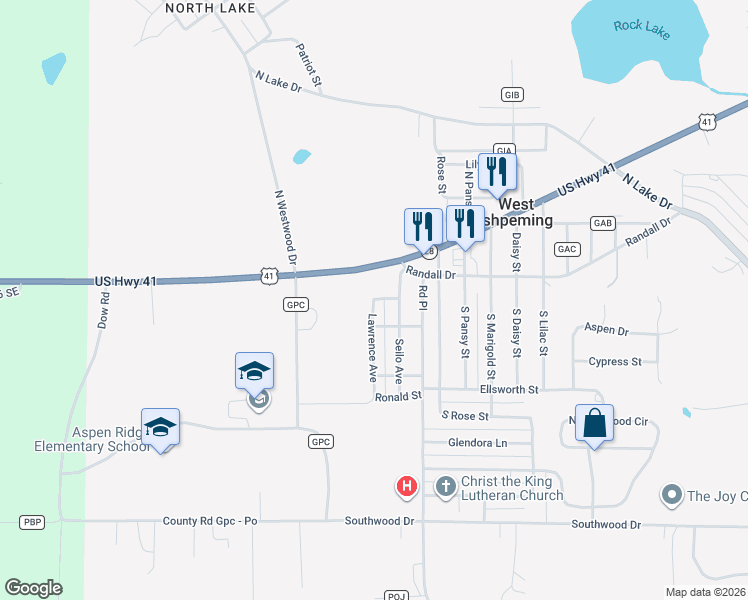 map of restaurants, bars, coffee shops, grocery stores, and more near 121 Lawrence Avenue in Ishpeming