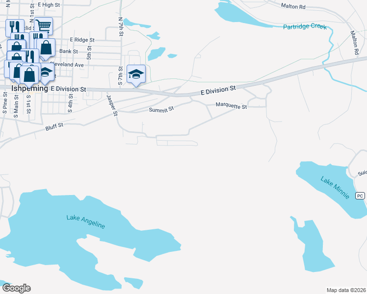 map of restaurants, bars, coffee shops, grocery stores, and more near 209-271 Hill Street in Ishpeming Township