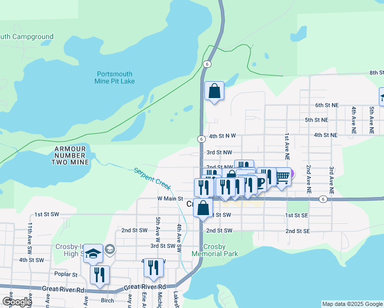 map of restaurants, bars, coffee shops, grocery stores, and more near 300 3rd Avenue Southwest in Crosby
