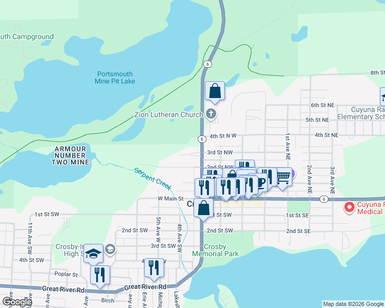 map of restaurants, bars, coffee shops, grocery stores, and more near 300 3rd Avenue Southwest in Crosby