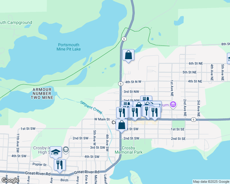 map of restaurants, bars, coffee shops, grocery stores, and more near 300 3rd Avenue Southwest in Crosby