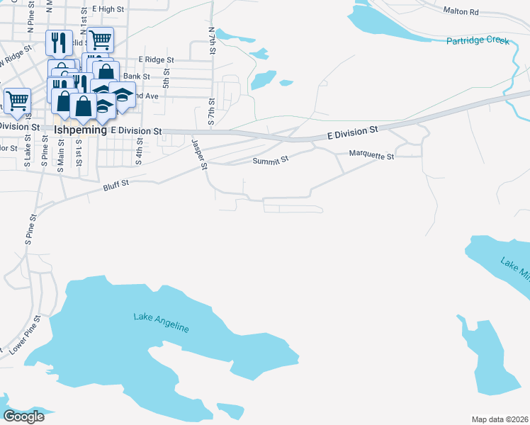 map of restaurants, bars, coffee shops, grocery stores, and more near 209 Hill Street in Ishpeming