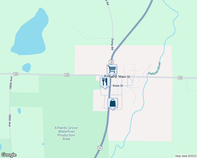 map of restaurants, bars, coffee shops, grocery stores, and more near 617 Lake Side Avenue in Erhard