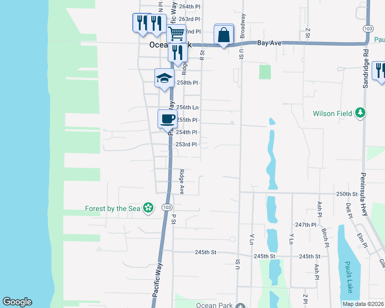 map of restaurants, bars, coffee shops, grocery stores, and more near 1607 252nd Place in Ocean Park