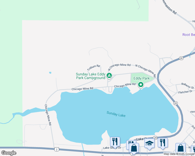 map of restaurants, bars, coffee shops, grocery stores, and more near Chicago Mine Rd in Wakefield