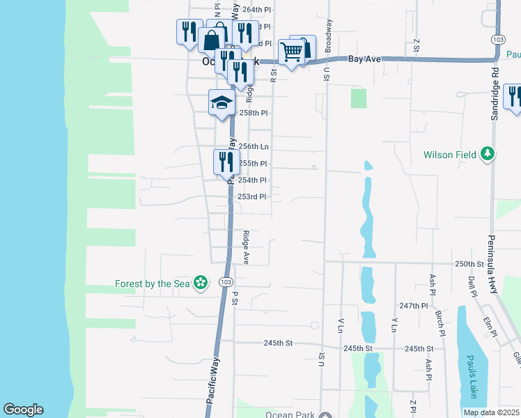 map of restaurants, bars, coffee shops, grocery stores, and more near 1607 252nd Place in Ocean Park