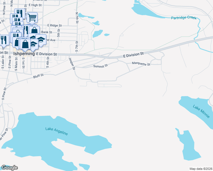 map of restaurants, bars, coffee shops, grocery stores, and more near 235 Hill Street in Ishpeming