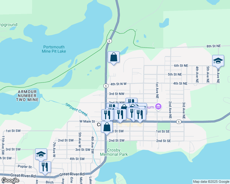 map of restaurants, bars, coffee shops, grocery stores, and more near 218 3rd Street Northwest in Crosby