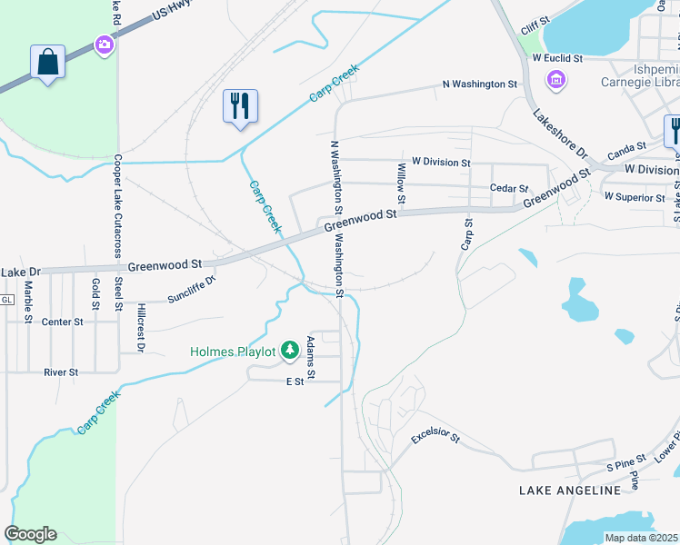 map of restaurants, bars, coffee shops, grocery stores, and more near 639 Washington Street in Ishpeming