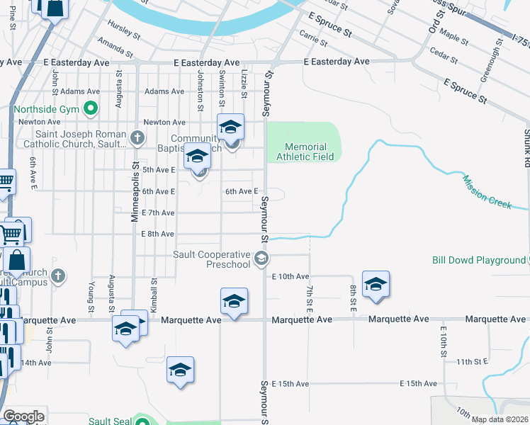 map of restaurants, bars, coffee shops, grocery stores, and more near 1906 East 7th Avenue in Sault Ste. Marie