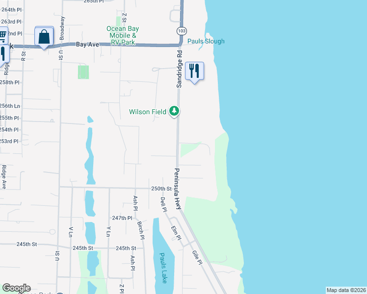 map of restaurants, bars, coffee shops, grocery stores, and more near 25114 Sandridge Road in Ocean Park