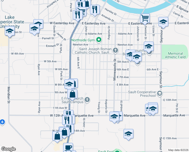 map of restaurants, bars, coffee shops, grocery stores, and more near 1403 Bingham Avenue in Sault Ste. Marie