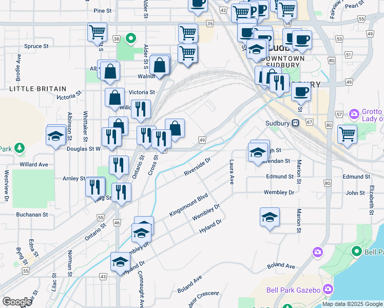 map of restaurants, bars, coffee shops, grocery stores, and more near 167 Douglas Street in Sudbury