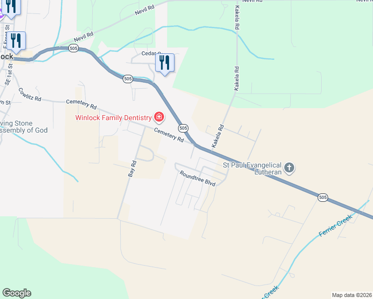 map of restaurants, bars, coffee shops, grocery stores, and more near 308 Washington 505 in Winlock