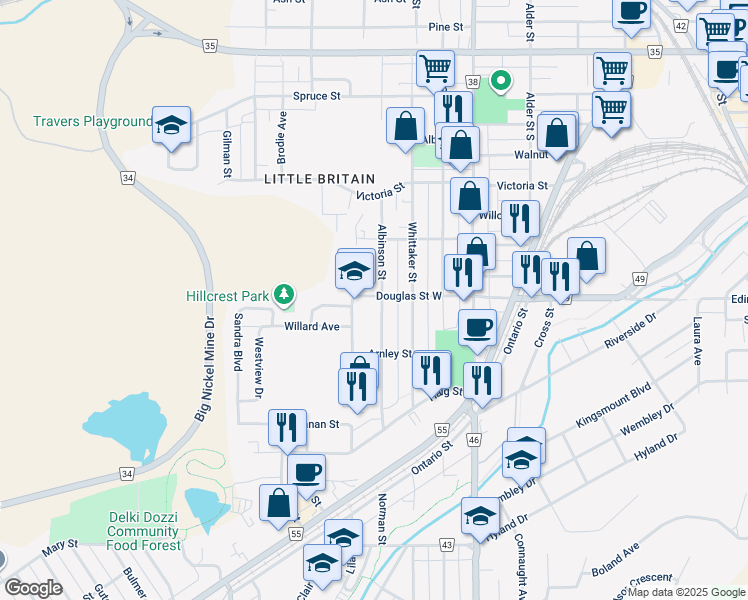 map of restaurants, bars, coffee shops, grocery stores, and more near 319 Albinson Street in Greater Sudbury