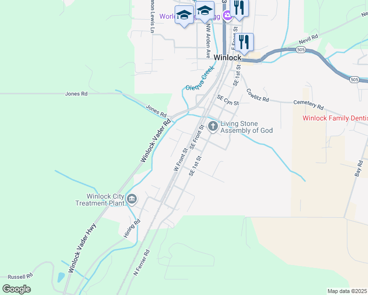 map of restaurants, bars, coffee shops, grocery stores, and more near 105 Southwest Alder Street in Winlock