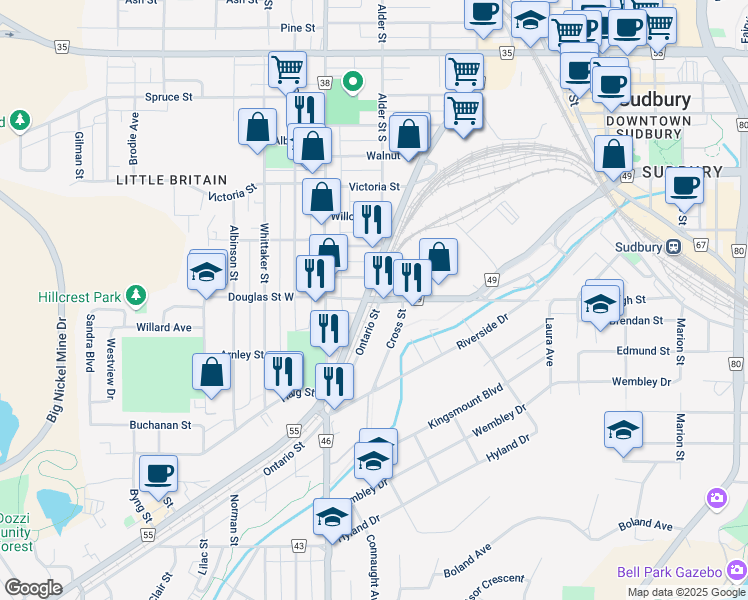 map of restaurants, bars, coffee shops, grocery stores, and more near 388 Douglas Street in Sudbury
